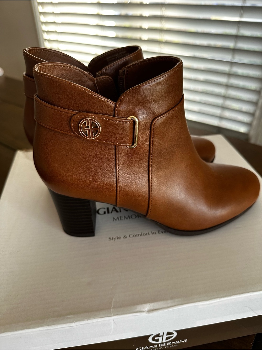 Giani Bernini Cognac Brown Leather Ankle Booties with Logo Strap
